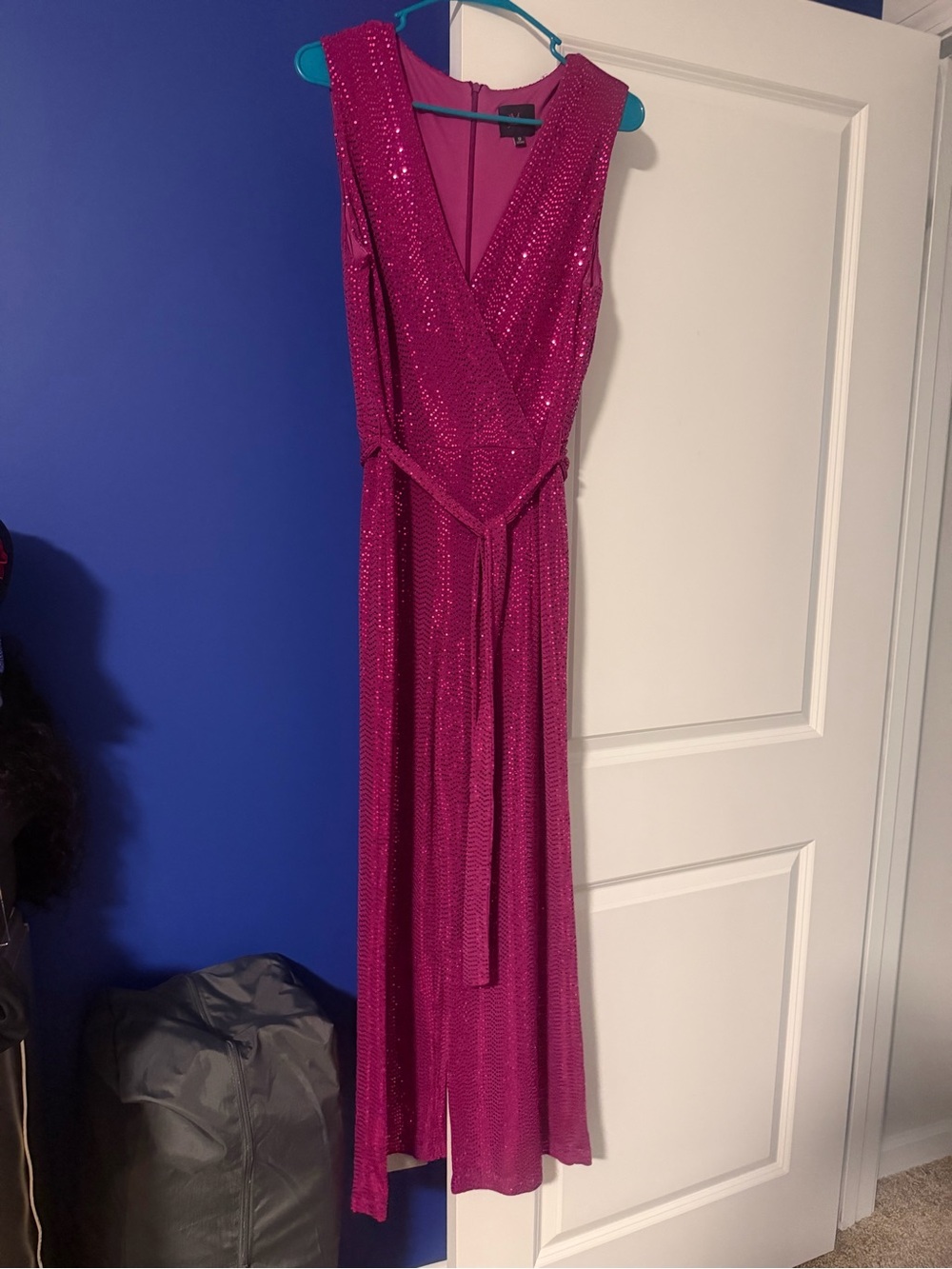 Sleeveless Fuchsia Sequin Wrap Maxi Dress with Self-Tie Waist